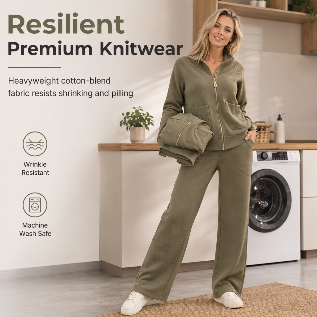 Women's Heavyweight Cotton-Blend Two-Piece Tracksuit Set with Zip-Up and Wide-Leg Pants