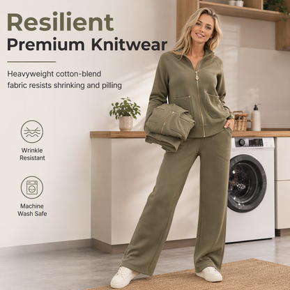Women's Heavyweight Cotton-Blend Two-Piece Tracksuit Set with Zip-Up and Wide-Leg Pants