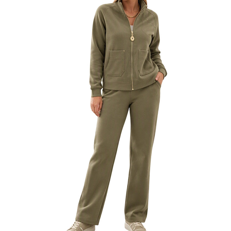 Women's Heavyweight Cotton-Blend Two-Piece Tracksuit Set with Zip-Up and Wide-Leg Pants