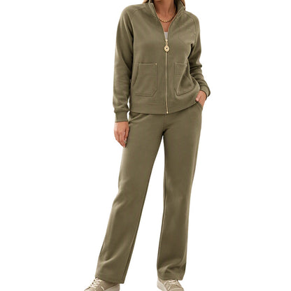 Women's Heavyweight Cotton-Blend Two-Piece Tracksuit Set with Zip-Up and Wide-Leg Pants
