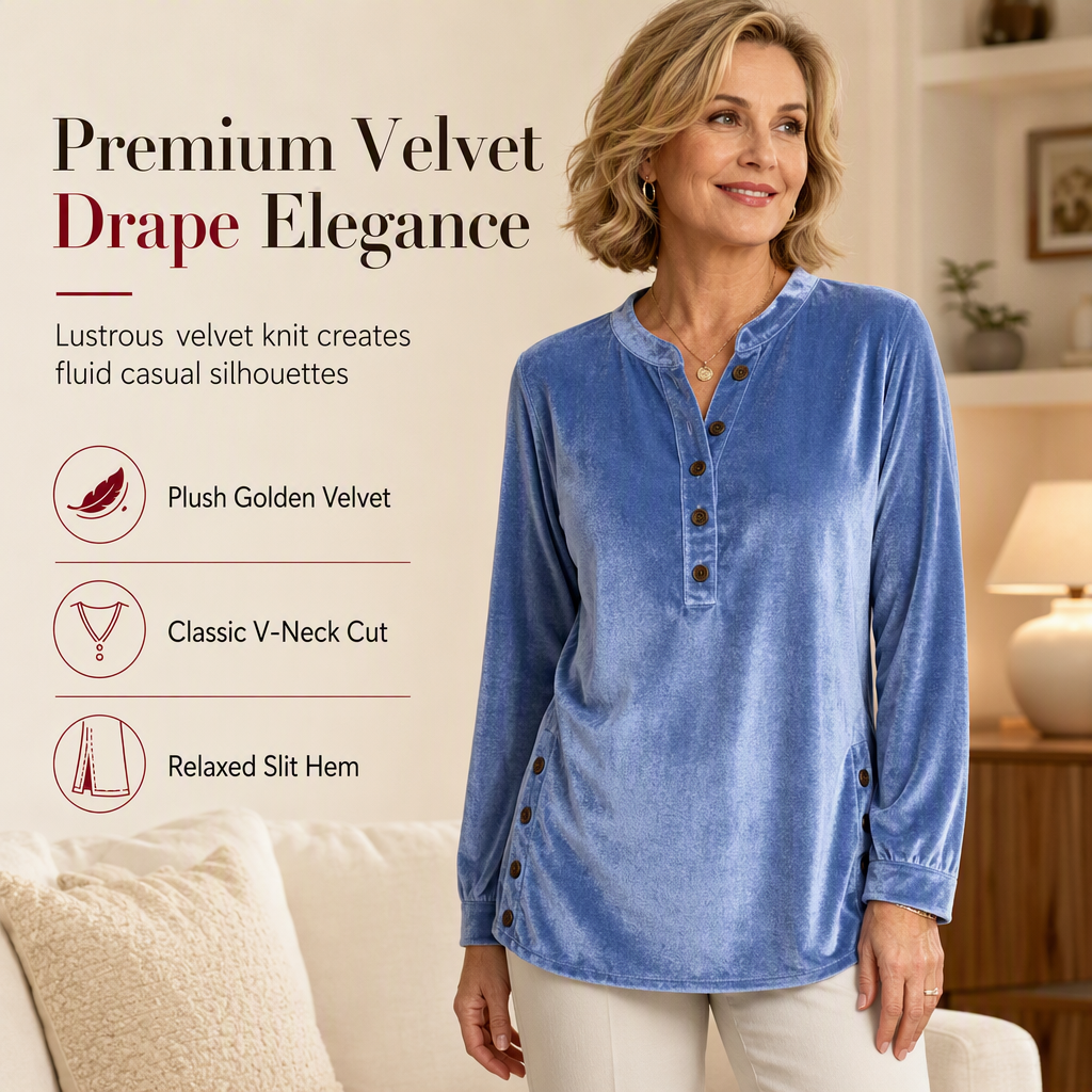 Women's Casual Loose Velvet Long Sleeve T-Shirt with Button V-Neck