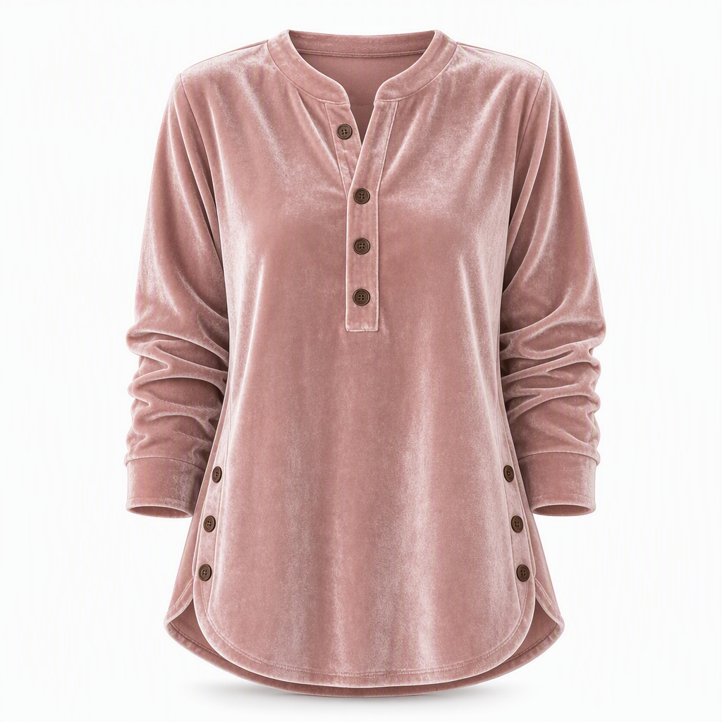 Women's Casual Loose Velvet Long Sleeve T-Shirt with Button V-Neck