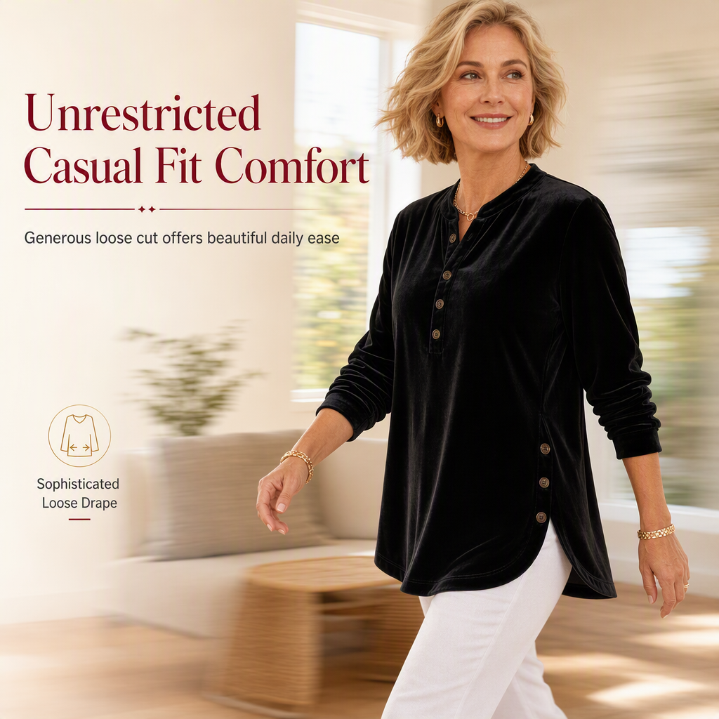 Women's Casual Loose Velvet Long Sleeve T-Shirt with Button V-Neck