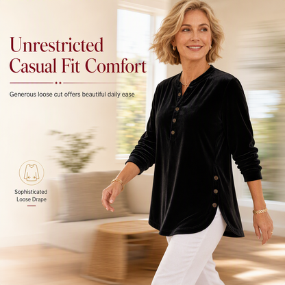 Women's Casual Loose Velvet Long Sleeve T-Shirt with Button V-Neck