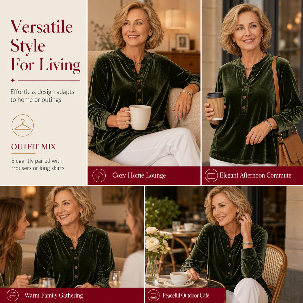 Women's Casual Loose Velvet Long Sleeve T-Shirt with Button V-Neck