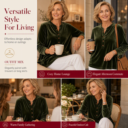 Women's Casual Loose Velvet Long Sleeve T-Shirt with Button V-Neck
