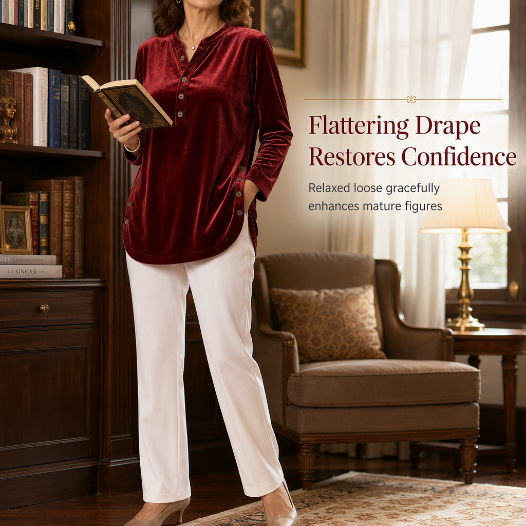 Women's Casual Loose Velvet Long Sleeve T-Shirt with Button V-Neck