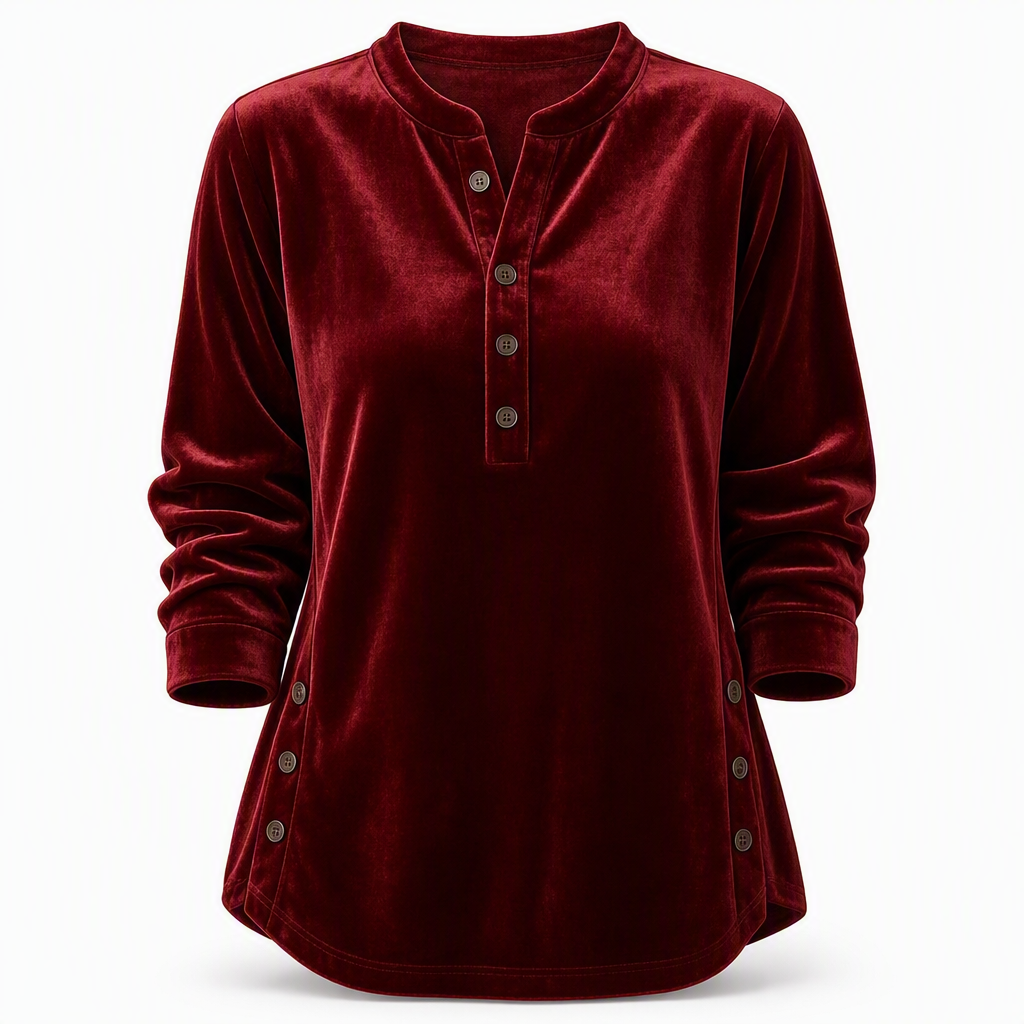 Women's Casual Loose Velvet Long Sleeve T-Shirt with Button V-Neck