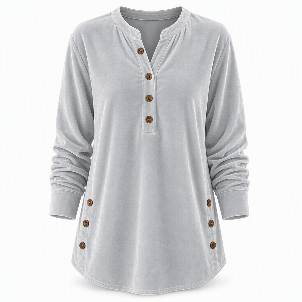 Women's Casual Loose Velvet Long Sleeve T-Shirt with Button V-Neck