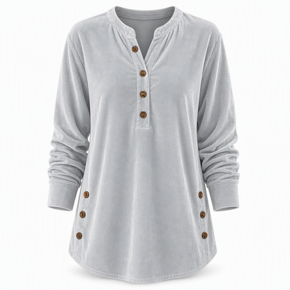 Women's Casual Loose Velvet Long Sleeve T-Shirt with Button V-Neck