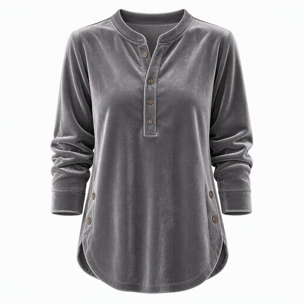 Women's Casual Loose Velvet Long Sleeve T-Shirt with Button V-Neck