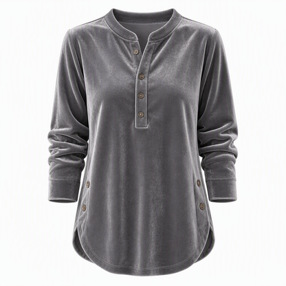 Women's Casual Loose Velvet Long Sleeve T-Shirt with Button V-Neck