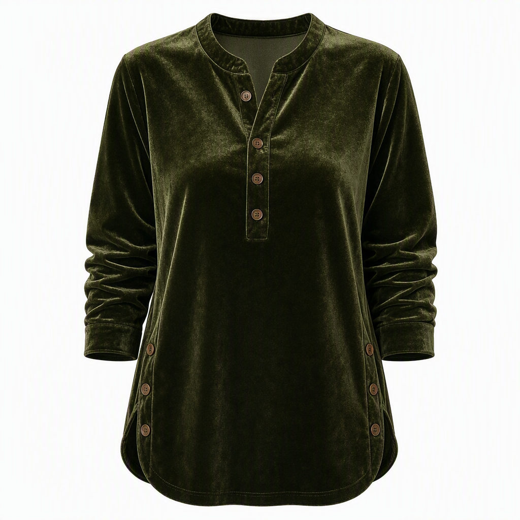 Women's Casual Loose Velvet Long Sleeve T-Shirt with Button V-Neck