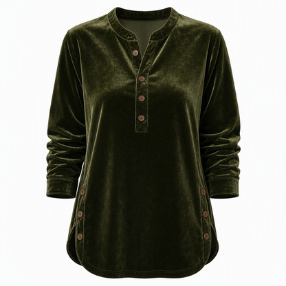 Women's Casual Loose Velvet Long Sleeve T-Shirt with Button V-Neck