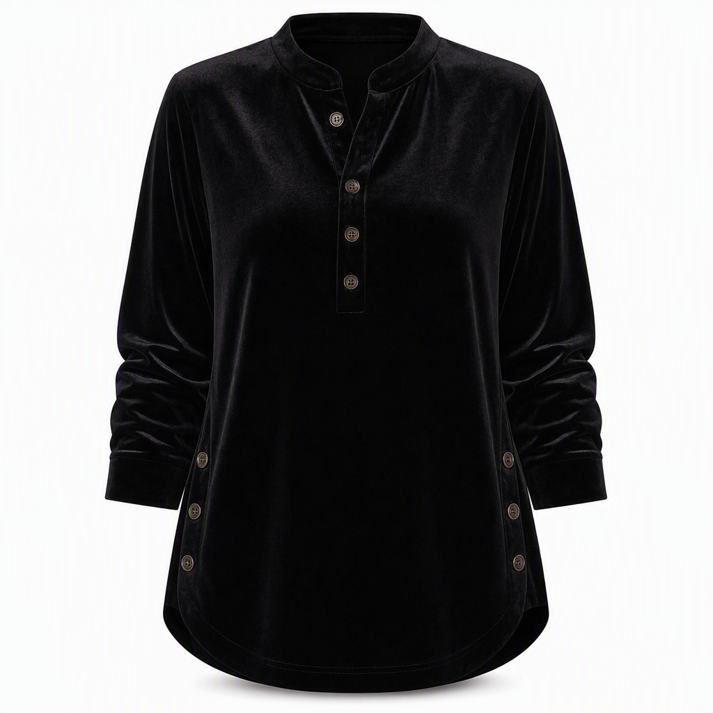 Women's Casual Loose Velvet Long Sleeve T-Shirt with Button V-Neck