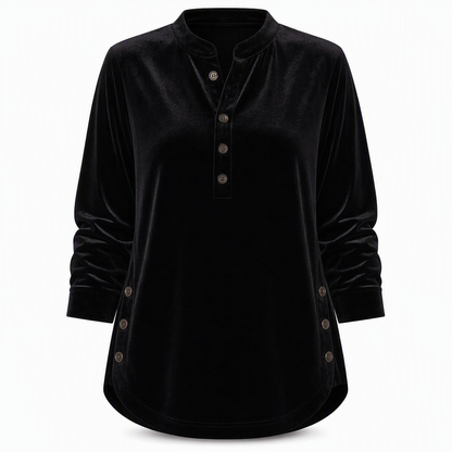 Women's Casual Loose Velvet Long Sleeve T-Shirt with Button V-Neck