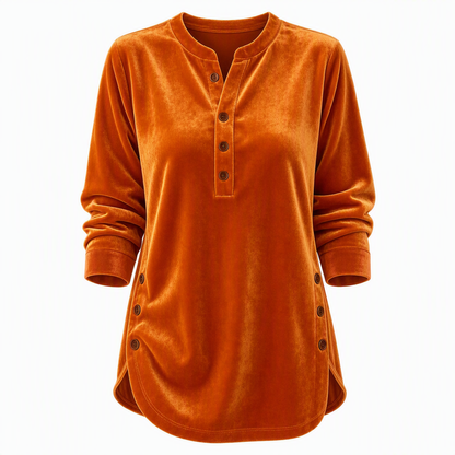 Women's Casual Loose Velvet Long Sleeve T-Shirt with Button V-Neck