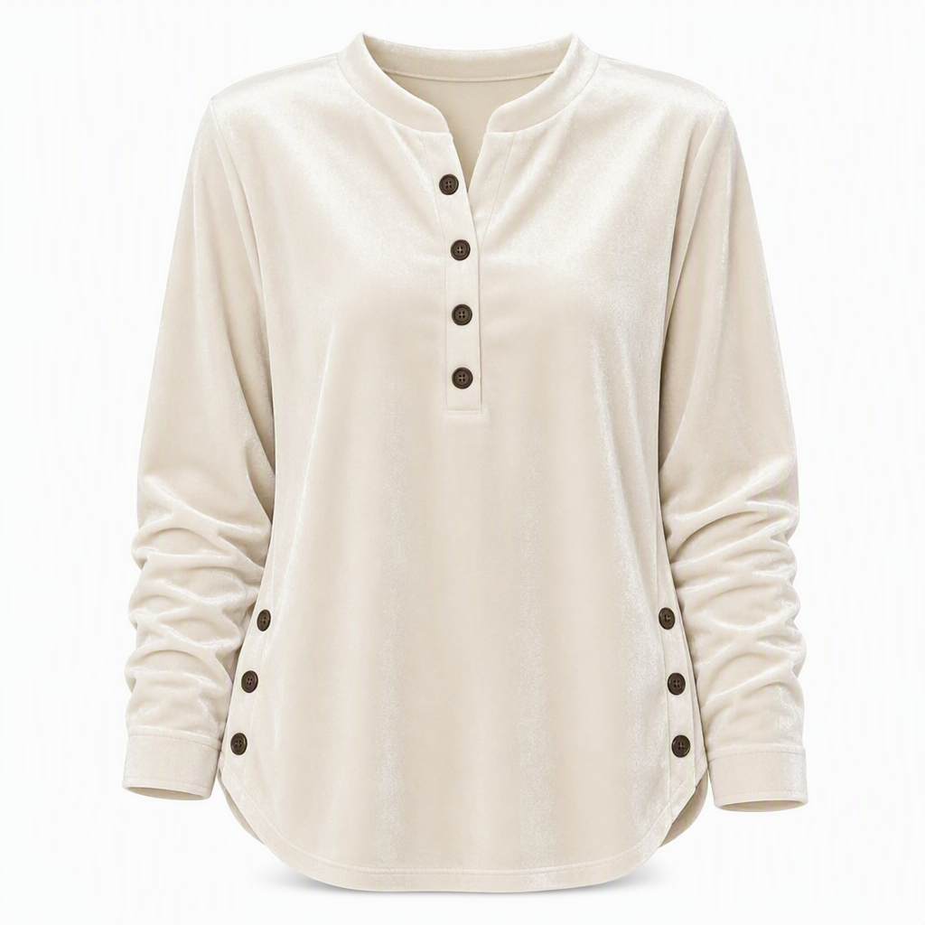 Women's Casual Loose Velvet Long Sleeve T-Shirt with Button V-Neck