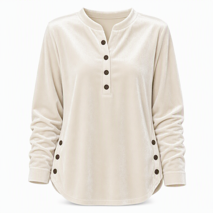 Women's Casual Loose Velvet Long Sleeve T-Shirt with Button V-Neck