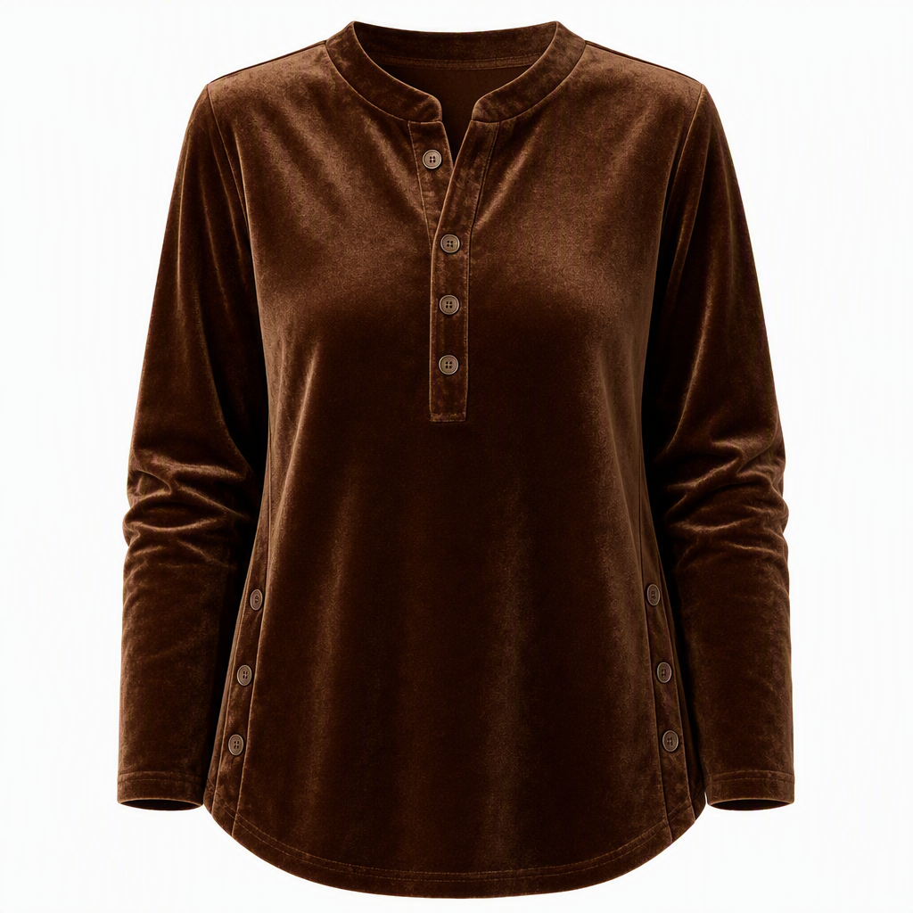 Women's Casual Loose Velvet Long Sleeve T-Shirt with Button V-Neck
