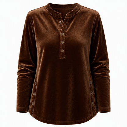 Women's Casual Loose Velvet Long Sleeve T-Shirt with Button V-Neck