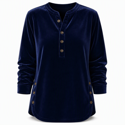 Women's Casual Loose Velvet Long Sleeve T-Shirt with Button V-Neck
