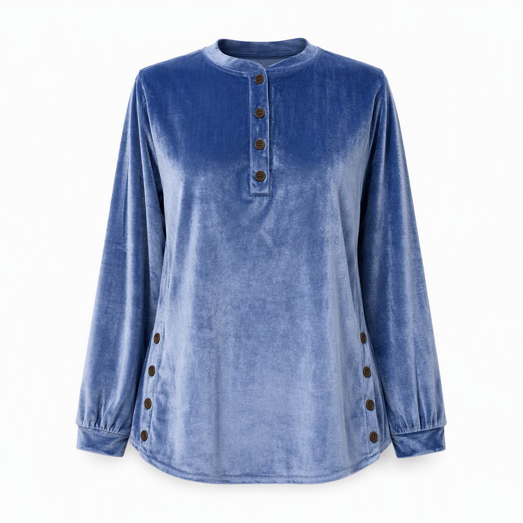 Women's Casual Loose Velvet Long Sleeve T-Shirt with Button V-Neck
