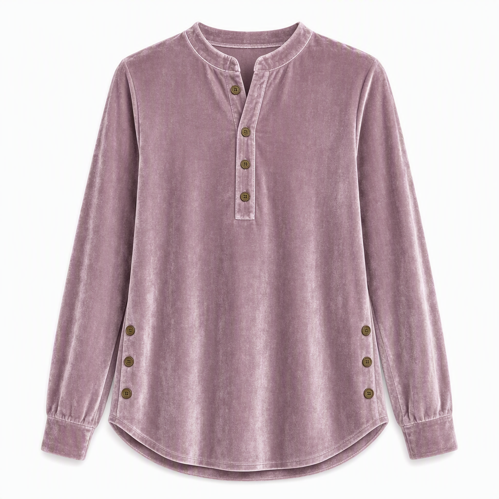 Women's Casual Loose Velvet Long Sleeve T-Shirt with Button V-Neck