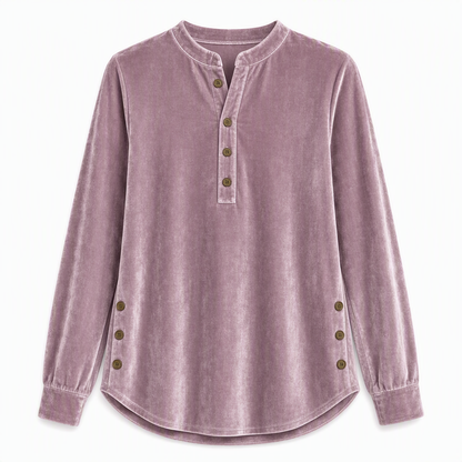 Women's Casual Loose Velvet Long Sleeve T-Shirt with Button V-Neck
