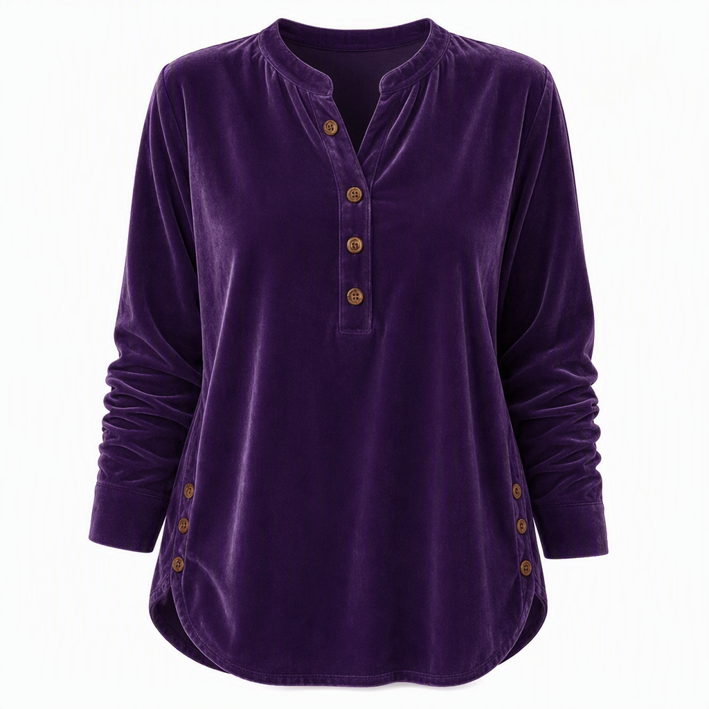 Women's Casual Loose Velvet Long Sleeve T-Shirt with Button V-Neck