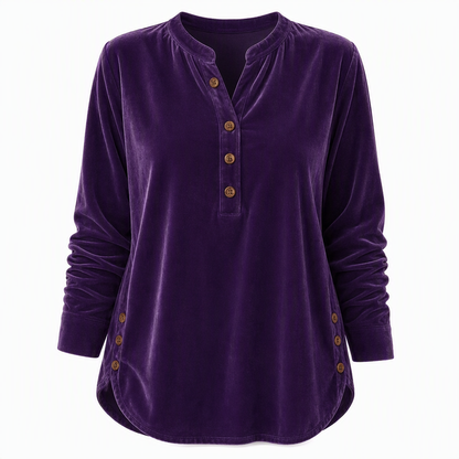 Women's Casual Loose Velvet Long Sleeve T-Shirt with Button V-Neck