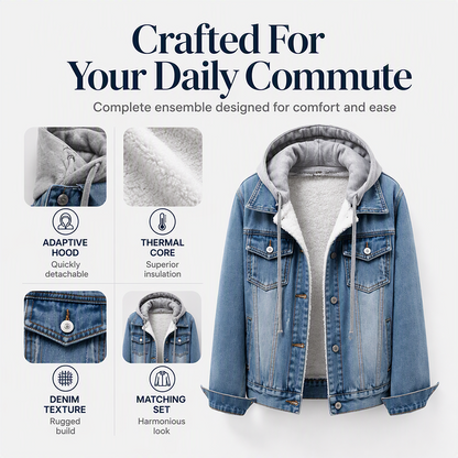 Women's Layered Hooded Denim Jacket with Warm Lining