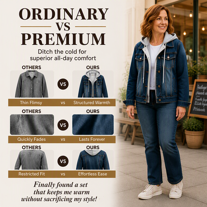 Women's Layered Hooded Denim Jacket with Warm Lining