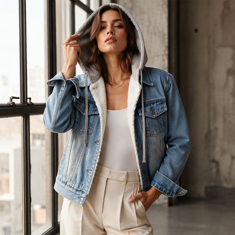 Women's Layered Hooded Denim Jacket with Warm Lining