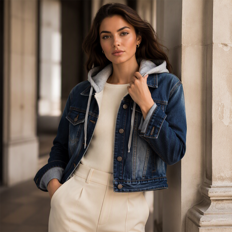 Women's Layered Hooded Denim Jacket with Warm Lining