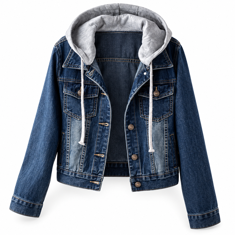 Women's Layered Hooded Denim Jacket with Warm Lining