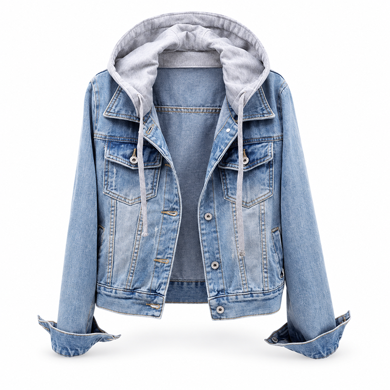 Women's Layered Hooded Denim Jacket with Warm Lining
