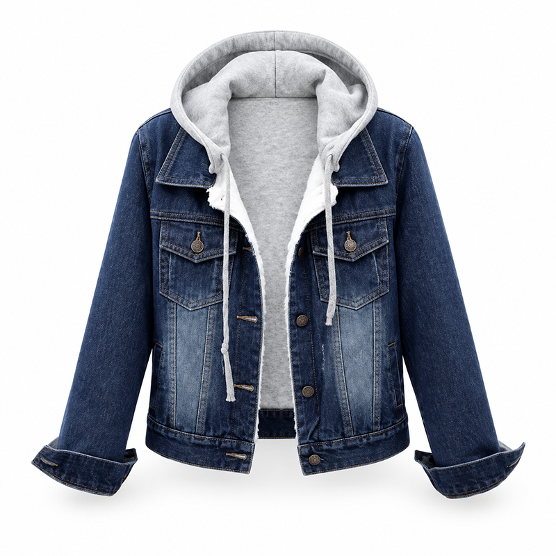 Women's Layered Hooded Denim Jacket with Warm Lining