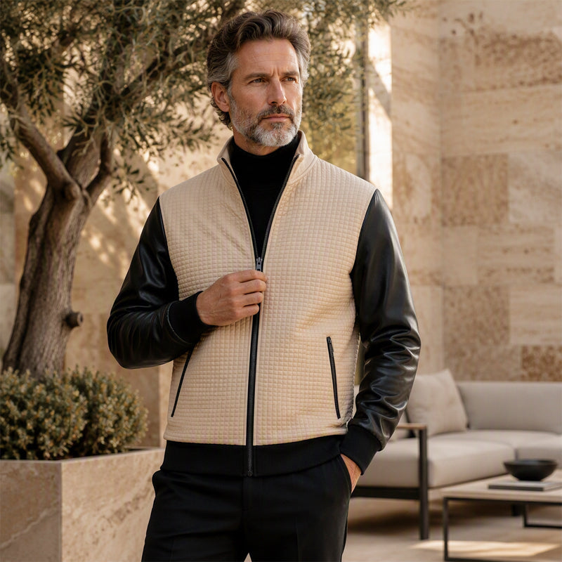 Men's Waffle Jacket with PU Leather Sleeves