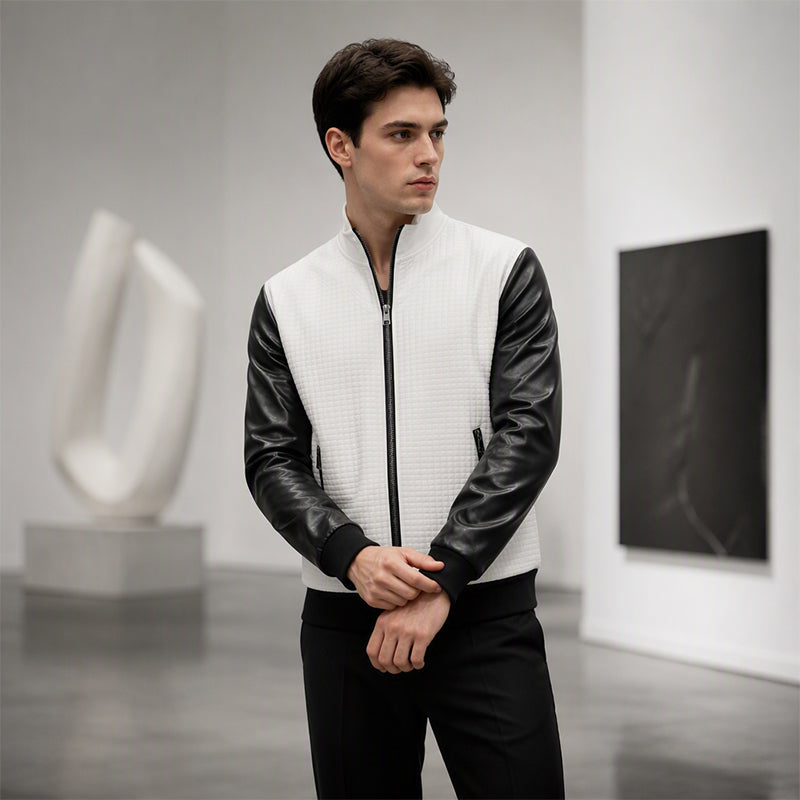 Men's Waffle Jacket with PU Leather Sleeves