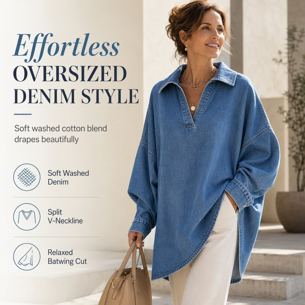 Women's Casual Loose Denim V-Neck Pullover Shirt with Batwing Sleeves and Asymmetrical Hem