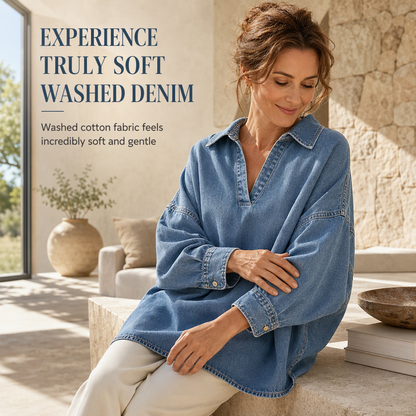 Women's Casual Loose Denim V-Neck Pullover Shirt with Batwing Sleeves and Asymmetrical Hem
