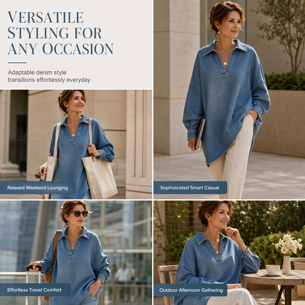 Women's Casual Loose Denim V-Neck Pullover Shirt with Batwing Sleeves and Asymmetrical Hem