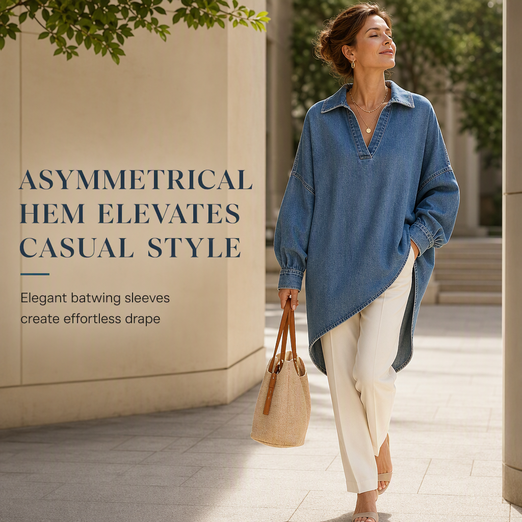 Women's Casual Loose Denim V-Neck Pullover Shirt with Batwing Sleeves and Asymmetrical Hem