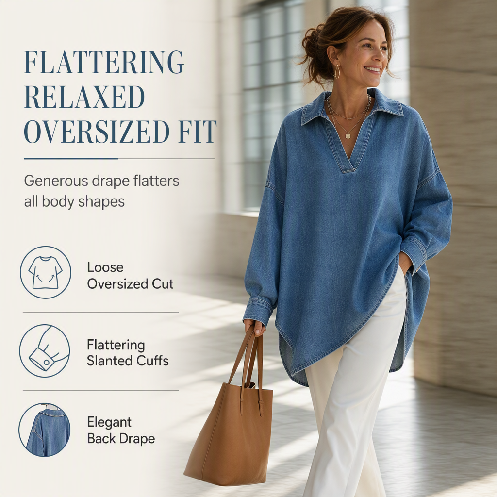 Women's Casual Loose Denim V-Neck Pullover Shirt with Batwing Sleeves and Asymmetrical Hem