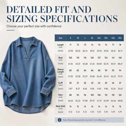 Women's Casual Loose Denim V-Neck Pullover Shirt with Batwing Sleeves and Asymmetrical Hem