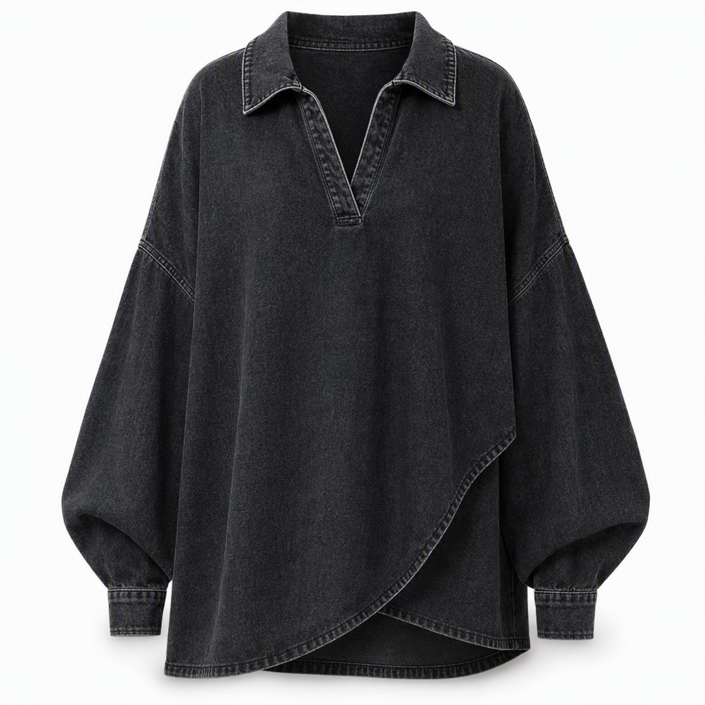 Women's Casual Loose Denim V-Neck Pullover Shirt with Batwing Sleeves and Asymmetrical Hem