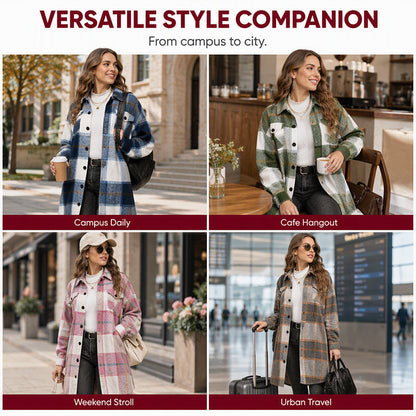 Women's Casual Long Plaid Button Down Shacket
