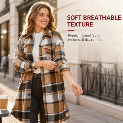 Women's Casual Long Plaid Button Down Shacket