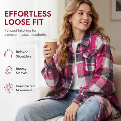 Women's Casual Long Plaid Button Down Shacket